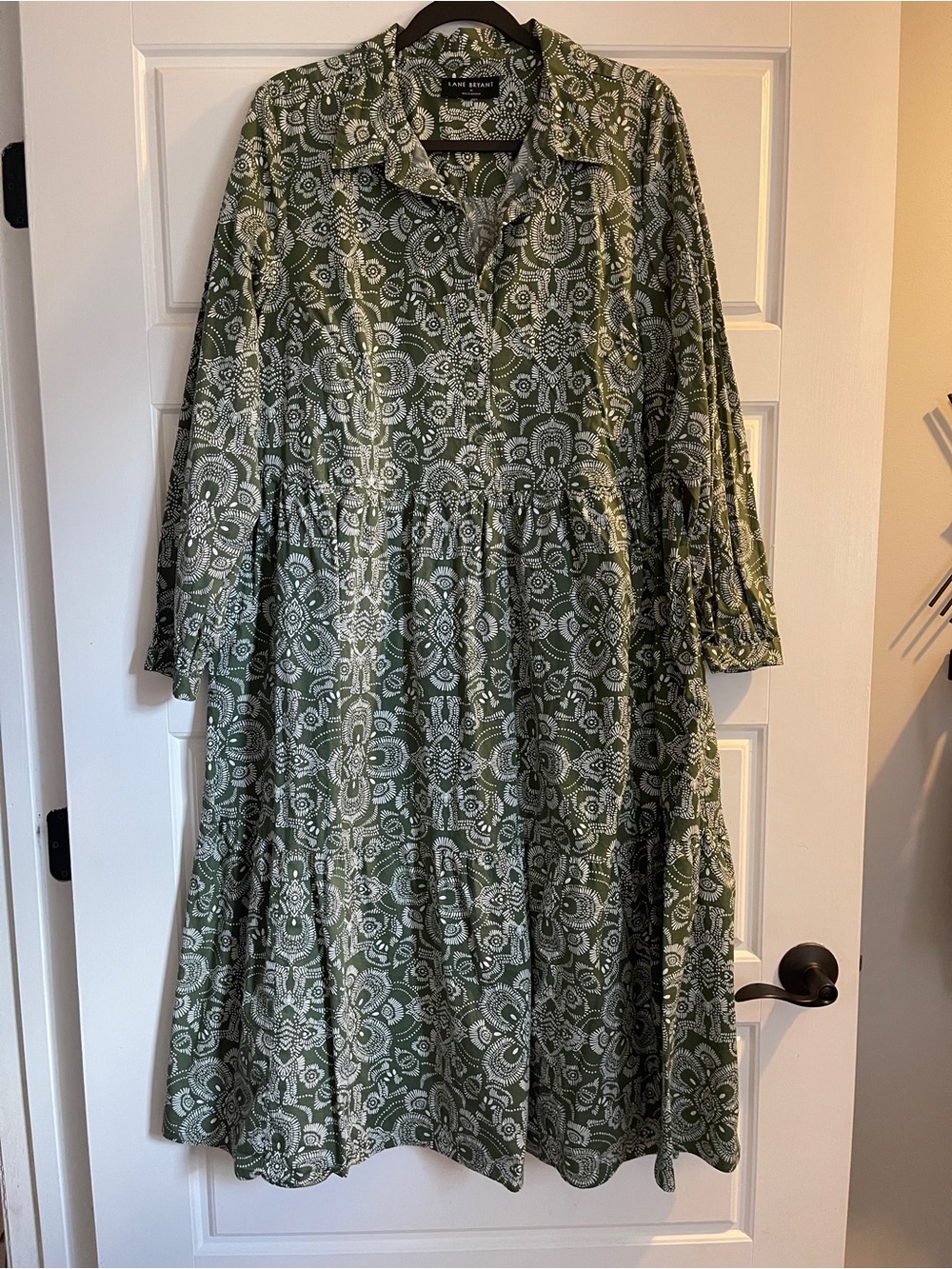 Lane Bryant Olive Green Printed Tiered Button-Front Dress